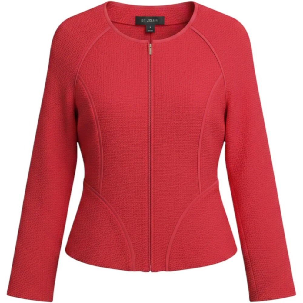 St. John Collection Luxury Coral Wool Blend Zip Front Knit Jacket Silk Trim  4